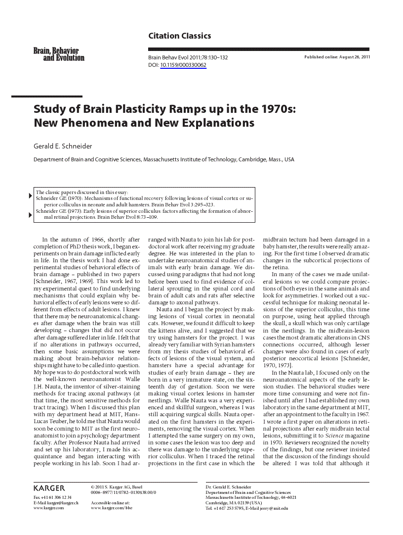 First page of Study of Brain Plasticity Ramps up in the 1970s: New Phenomena and New Explanations
