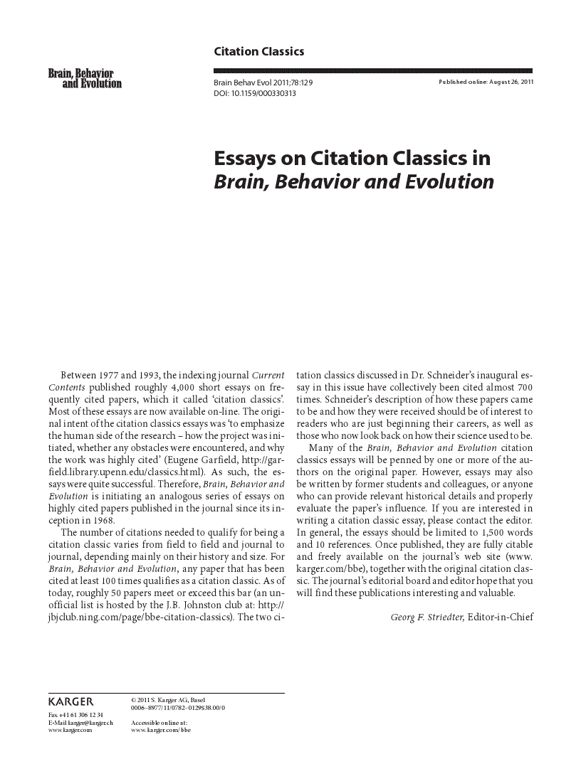 First page of Essays on Citation Classics in <italic>Brain, Behavior and Evolution</italic>