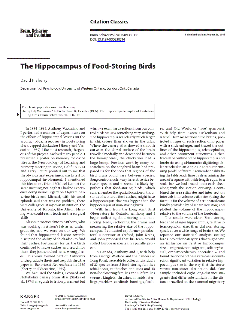 First page of The Hippocampus of Food-Storing Birds