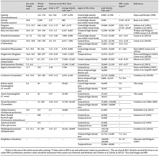 Retinal topography data, eye axial length, and theoretical peak anatomical SRP in 2 species of hummingbird compared to other birds