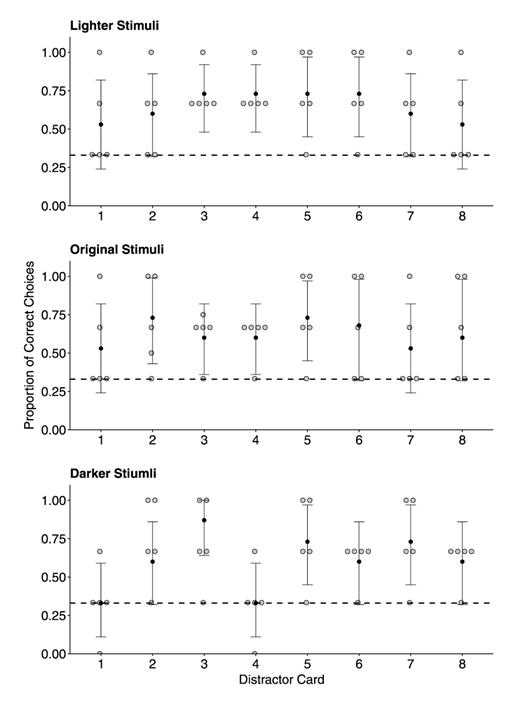 Fig. 10. Results for experiment 3 showing the average percent of correct choices against each of the grey distractor stimuli for the 5 fish for the lighter red stimulus, the original red stimulus and the darker red stimulus. Black dots and error bars show proportions and 95% confidence intervals obtained from GLMMs. Grey dots are the proportion correct for individual fish. The dotted line represents the 33% chance level.