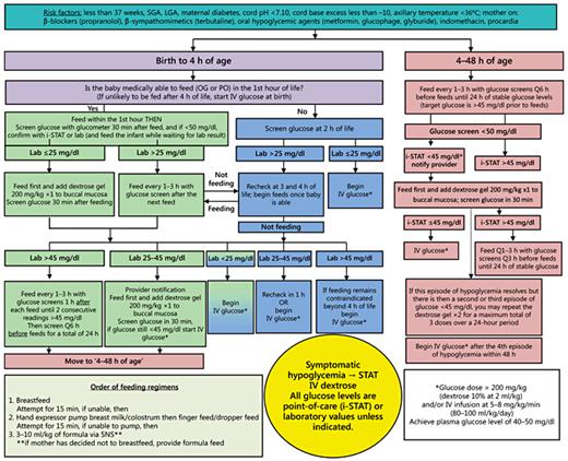 Fig. 1. Newborn nursery protocol for the screening and management of asymptomatic hypoglycemia. OG = Orogastric; PO = per os; SNS = supplemental nursing system.