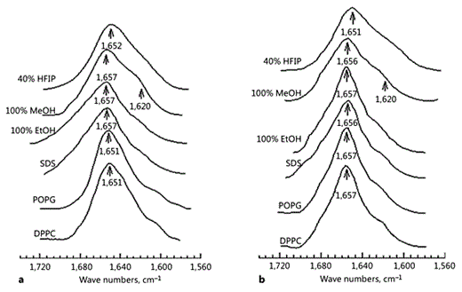 Fig. 2. FTIR spectra of MB and S-MB in the structure-promoting solvents hexafluoroisopropanol (HFIP), methanol (MeOH) and ethanol (EtOH), the detergent SDS (sodium dodecyl sulfate), and the phospholipids POPG and DPPC. Methanol and ethanol are solvents of intermediate polarity that mimic the polar head group domain of phospholipid bilayers, while HFIP represents the more hydrophobic interior of the lipid bilayer. a Stacked FTIR spectra of MB in 40% HFIP (i.e., 40% HFIP/60% deuterated-sodium phosphate buffer, pH 7.4), 100% MeOH (i.e., 100% methanol), 100% EtOH (i.e., 100% ethanol), SDS, POPG, and DPPC. b Stacked FTIR spectra of S-MB in 40% HFIP, 100% MeOH, 100% EtOH, SDS, POPG, and DPPC. a, b The IR spectra for MB and S-MB each show dominant α-helical components centered at 1,657-1,651 cm-1 (arrows), with minor bands at ∼1,637-1,613 cm-1 (arrow at 1,620 cm-1) denoting β-sheet. Peptide concentrations were 470 μM for solvent spectra and 10:1 lipid:peptide (mole:mole) for lipid spectra. The abscissa (left to right) is 1,740-1,560 cm-1, while the ordinate represents absorption (in arbitrary units).