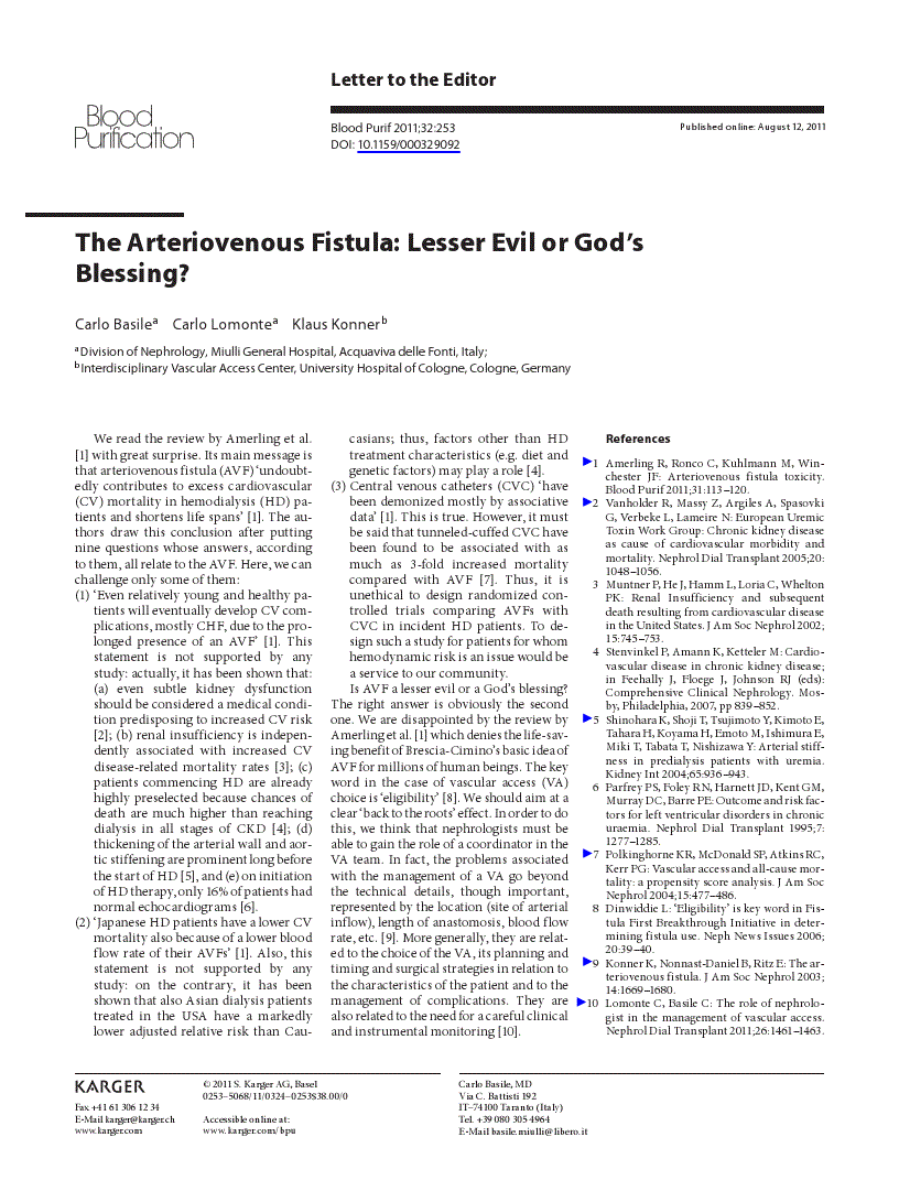 First page of The Arteriovenous Fistula: Lesser Evil or God’s Blessing?