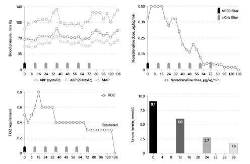 Fig. 1. Haemodynamics, gas exchange and vasopressor requirement during CVVHDF with oXiris. CVVHDF, continuous veno-venous haemodiafiltration.