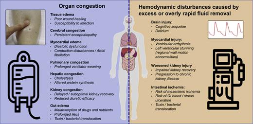 Potential adverse effects of persistent fluid accumulation (left) and hemodynamic disturbance related to fluid removal through excess or overly rapid UF (right). This figure incorporates open-source images from www.flaticon.com and commons.wikimedia.org.