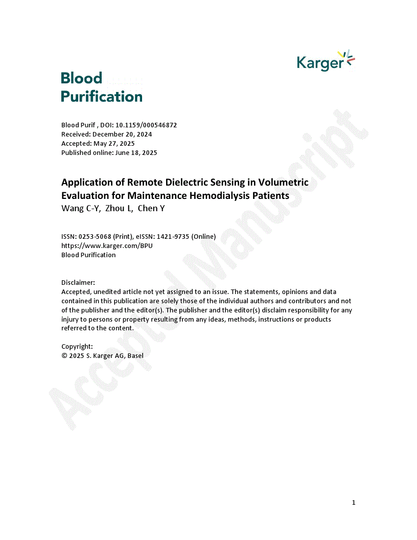 First page of Application of Remote Dielectric Sensing in Volumetric Evaluation for Maintenance Hemodialysis Patients