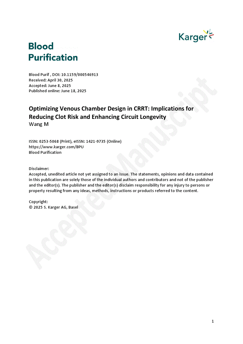 First page of Optimizing Venous Chamber Design in CRRT: Implications for Reducing Clot Risk and Enhancing Circuit Longevity