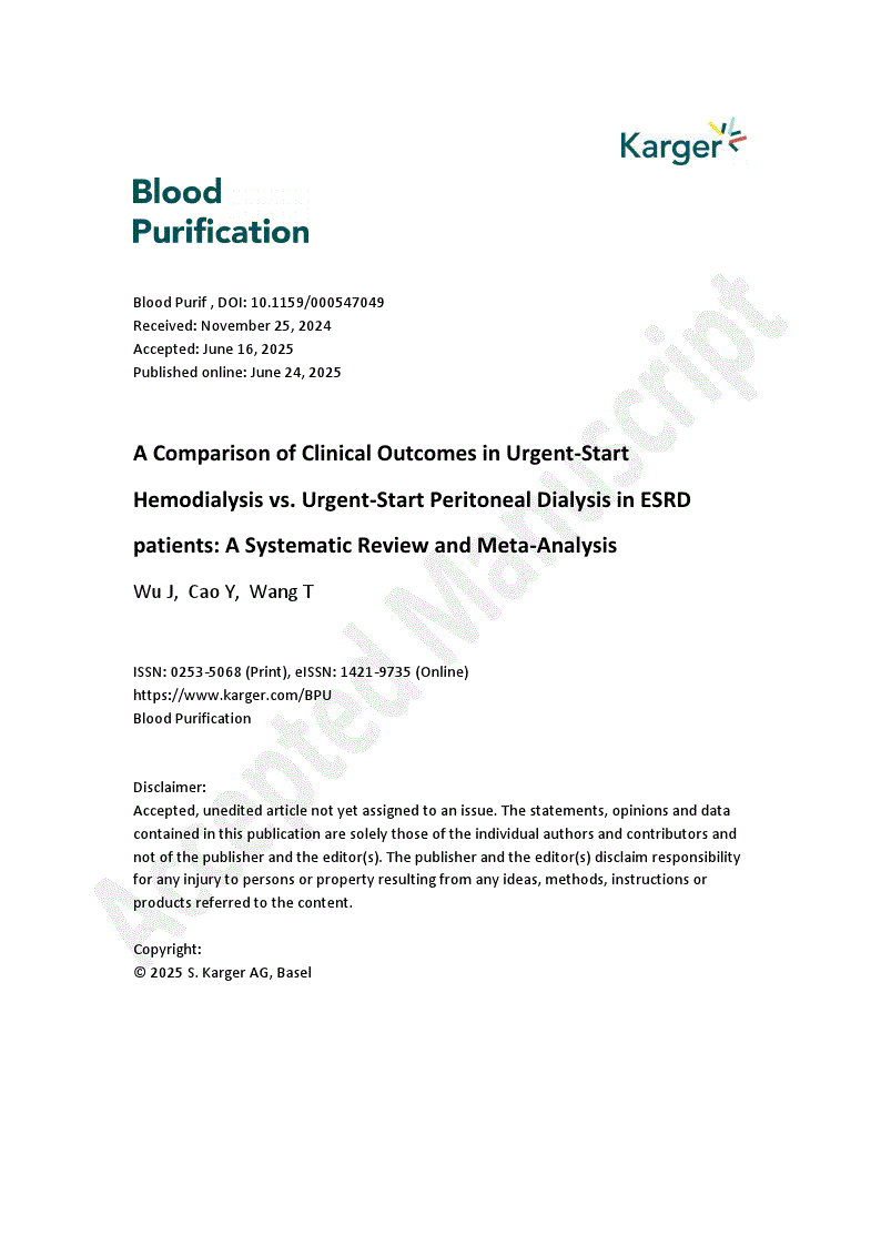 First page of A Comparison of Clinical Outcomes in Urgent-Start Hemodialysis vs. Urgent-Start Peritoneal Dialysis in ESRD patients: A Systematic Review and Meta-Analysis