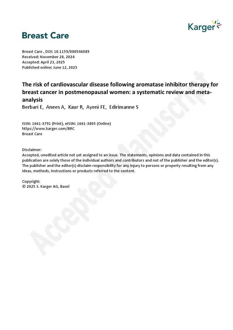 First page of The risk of cardiovascular disease following aromatase inhibitor therapy for breast cancer in postmenopausal women: a systematic review and meta-analysis