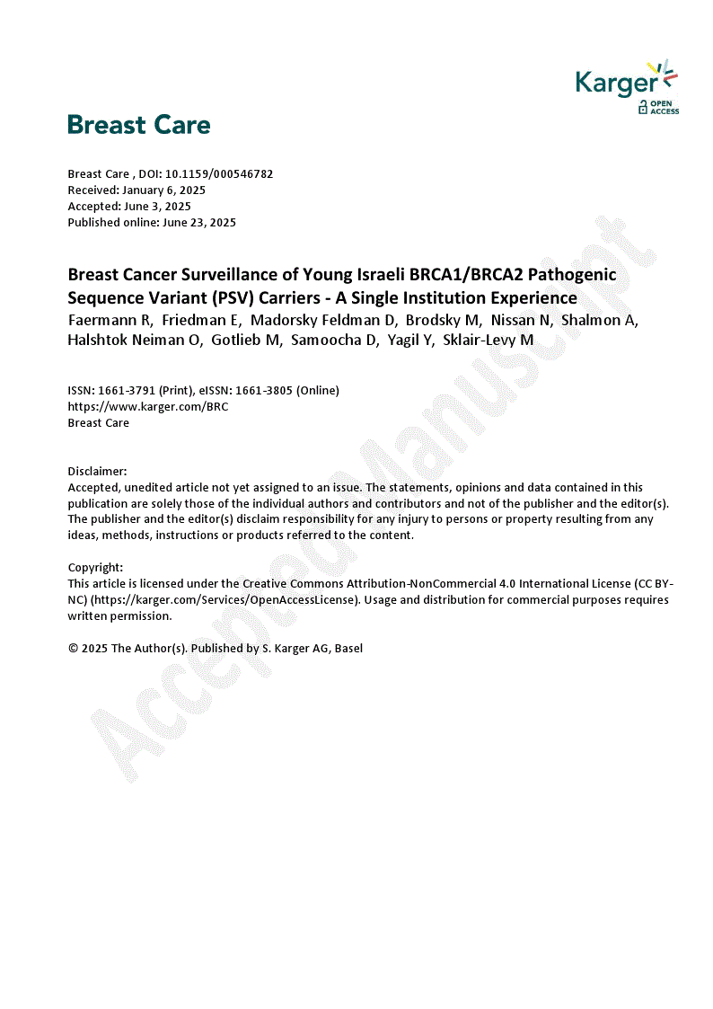 First page of Breast Cancer Surveillance of Young Israeli BRCA1/BRCA2 Pathogenic Sequence Variant (PSV) Carriers - A Single Institution Experience