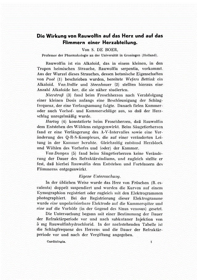 First page of Die Wirkung von Rauwolfin auf das Herz und auf das Flimmern einer Herzabteilung