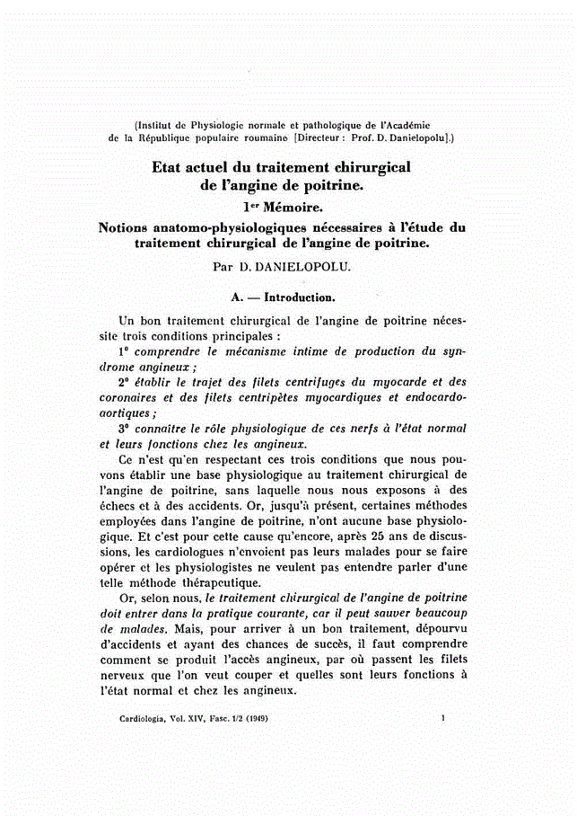 First page of Etat actuel du traitement chirurgical de l’angine de poitrine. 1<sup>er</sup> Mémoire<subtitle>Notions anatomo-physiologiques nécessaires à l’étude du traitement chirurgical de l’angine de poitrine</subtitle>