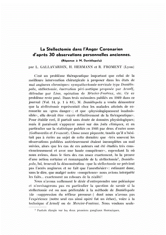 First page of La Stellectomie dans I’Angor Coronarien d’après 30 observations personnelles anciennes<subtitle>Réponse à M. Daniélopolu</subtitle>
