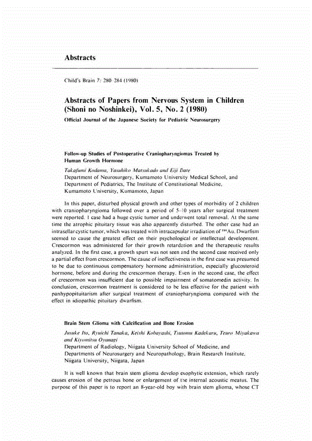 First page of Abstracts of Papers from Nervous System in Children (Shoni no Noshinkei), Vol. 5, No. 2 (1980)<subtitle>Official Journal of the Japanese Society for Pediatric Neurosurgery</subtitle>