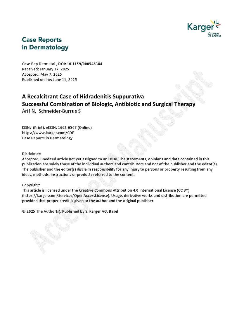 First page of A Recalcitrant Case of Hidradenitis Suppurativa 
Successful Combination of Biologic, Antibiotic and Surgical Therapy 