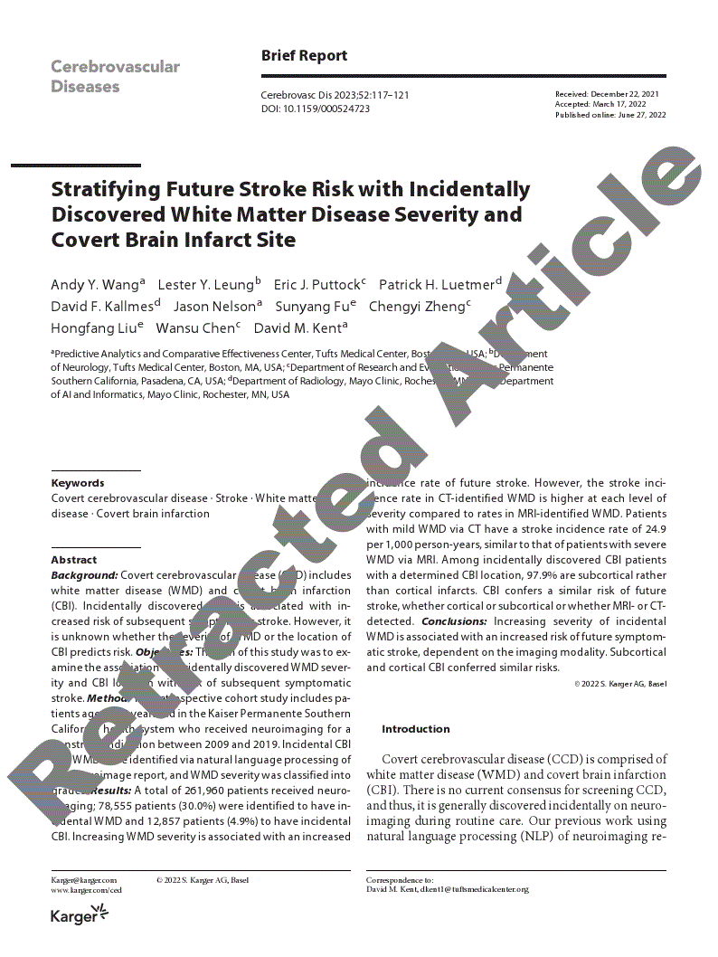 First page of Retracted Paper - Stratifying Future Stroke Risk with Incidentally Discovered White Matter Disease Severity and Covert Brain Infarct Site