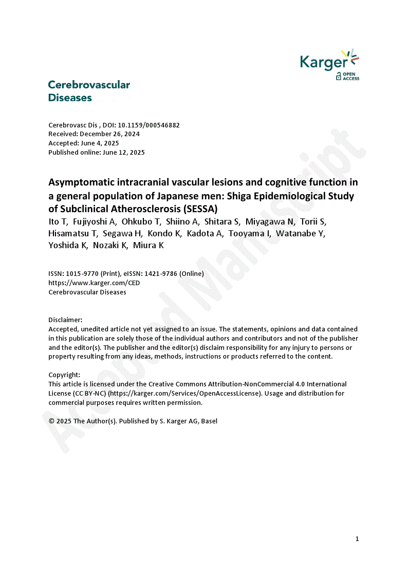 First page of Asymptomatic intracranial vascular lesions and cognitive function in a general population of Japanese men: Shiga Epidemiological Study of Subclinical Atherosclerosis (SESSA)