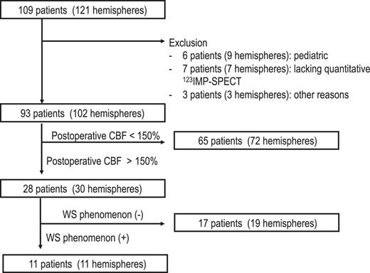 Flowchart for patient inclusion 123I-IMP-SPECT, n-isopropyl-p-[123I] iodoamphetamine single-photon emission computed tomography. CBF, cerebral blood flow; WS, watershed shift.