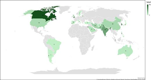 Distribution of survey participants by country of origin. The intensity of the color indicates the number of participants from each country.