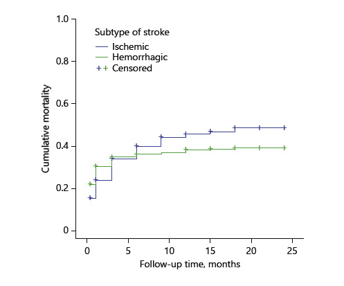 Fig. 1. Mortality rate by stroke type among patients at Kenyatta National Hospital and Moi Teaching and Referral Hospital (p = 0.12).