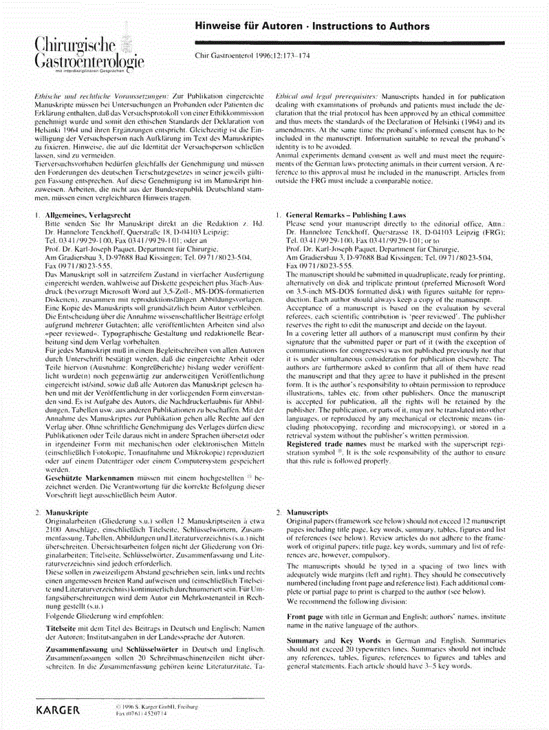 First page of Hinweise für Autoren – Instructions to Authors