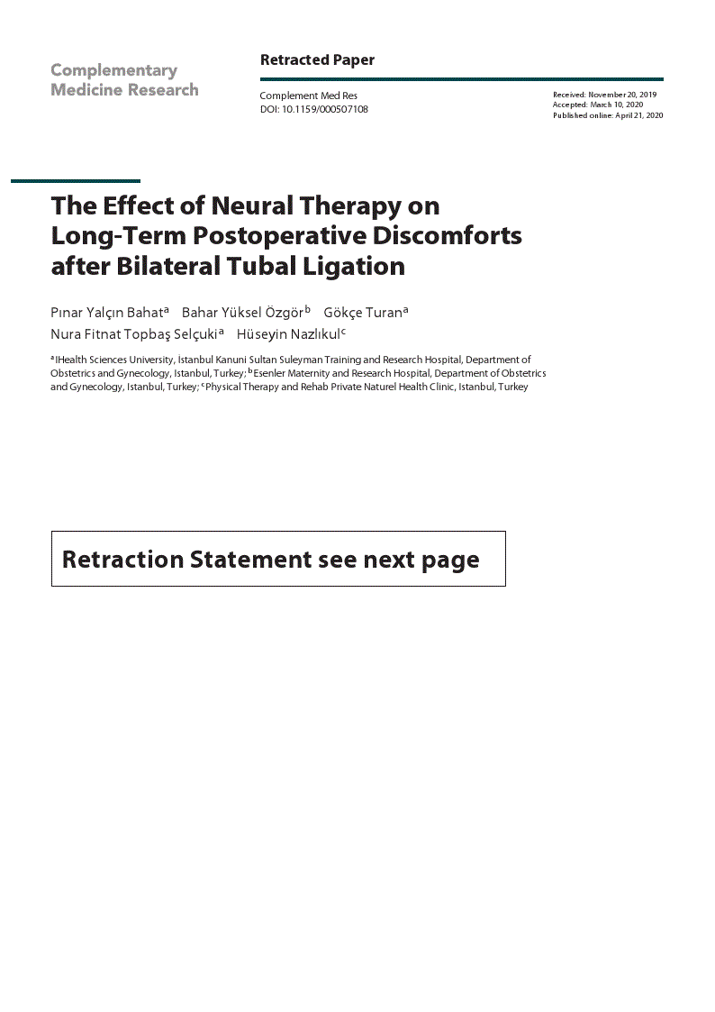 First page of Retracted Paper - The Effect of Neural Therapy on Long-Term Postoperative Discomforts after Bilateral Tubal Ligation
