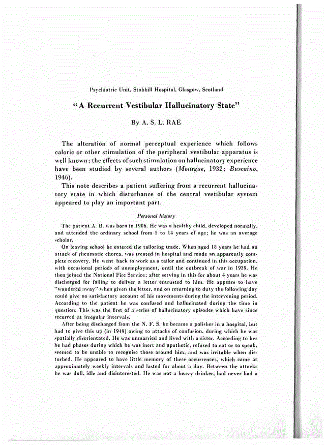 First page of "A Recurrent Vestibular Hallucinatory State"