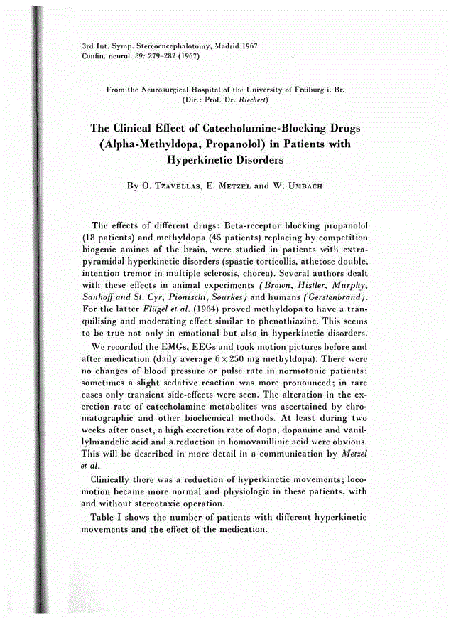 First page of The Clinical Effect of Catecholamine-Blocking Drugs (Alpha-Methyldopa, Propanolol) in Patients with Hyperkinetic Disorders