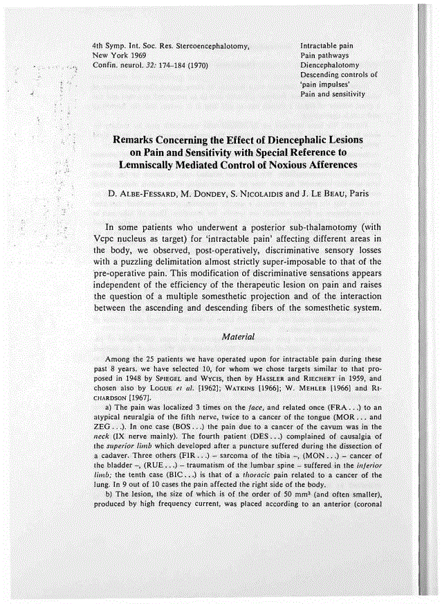 First page of Remarks Concerning the Effect of Diencephalic Lesions on Pain and Sensitivity with Special Reference to Lemniscally Mediated Control of Noxious Afferences