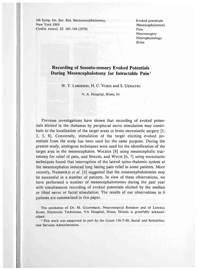 First page of Recording of Somato-sensory Evoked Potentials During Mesencephalotomy for Intractable Pain