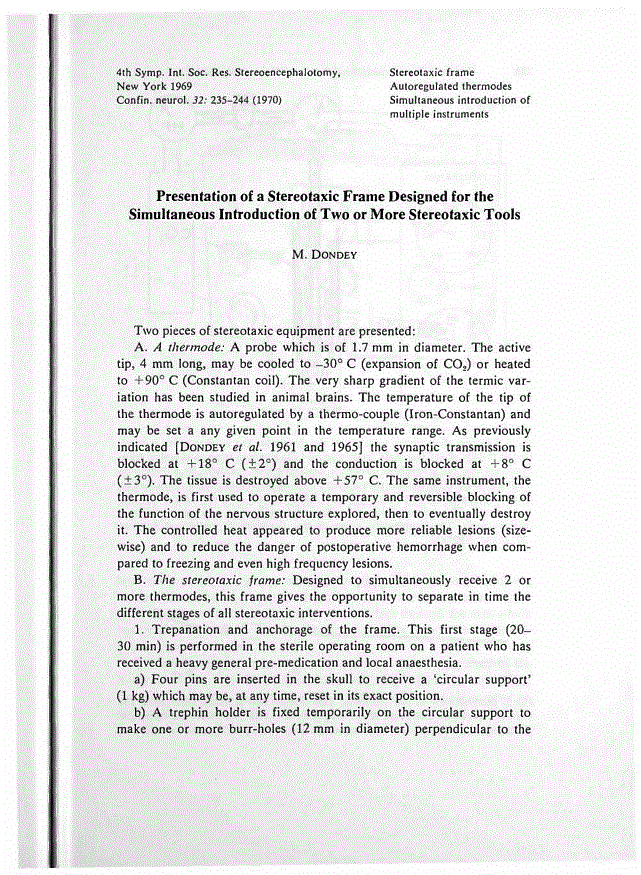 First page of Presentation of a Stereotaxic Frame Designed for the Simultaneous Introduction of Two or More Stereotaxic Tools