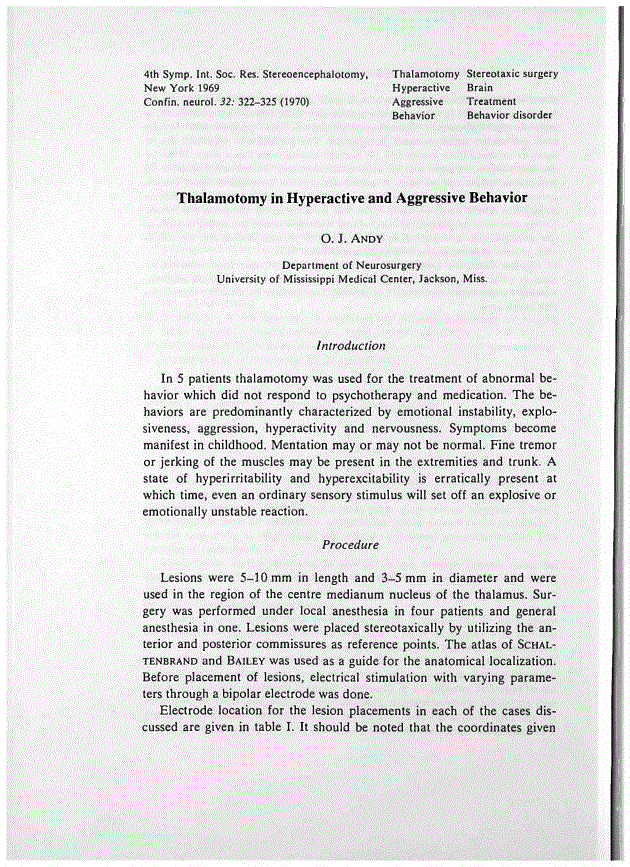 First page of Thalamotomy in Hyperactive and Aggressive Behavior