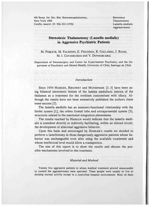 First page of Stereotaxic Thalamotomy (Lamella medialis) in Aggressive Psychiatric Patients