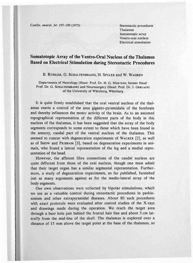First page of Somatotopic Array of the Ventro-Oral Nucleus of the Thalamus Based on Electrical Stimulation during Stereotactic Procedures