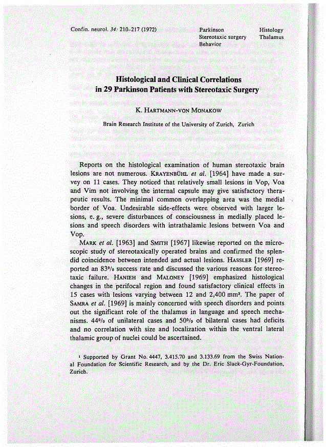 First page of Histological and Clinical Correlations in 29 Parkinson Patients with Stereotaxic Surgery