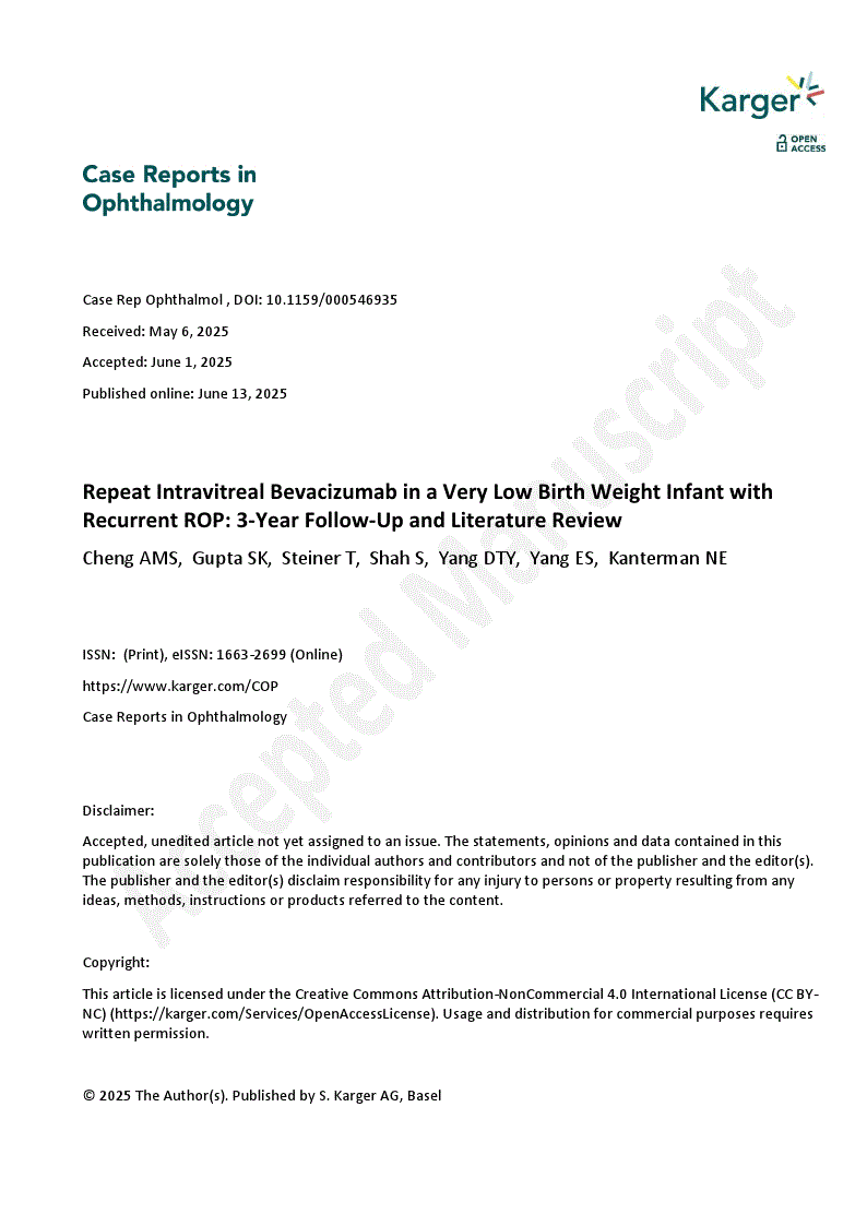 First page of Repeat Intravitreal Bevacizumab in a Very Low Birth Weight Infant with Recurrent ROP: 3-Year Follow-Up and Literature Review