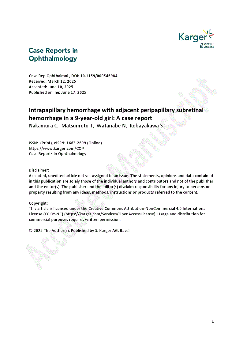 First page of Intrapapillary hemorrhage with adjacent peripapillary subretinal hemorrhage in a 9-year-old girl: A case report