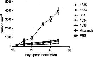 Fig. 7. Anti-tumor effect of the humanized antibodies 1-5 in vivo. Groups of 7 BALB/C nude mice were injected subcutaneously with 1×107 Ramos cells. Two weeks after tumor cell inoculation, the mice were treated with 5mg/kg of humanized anti-CD20 antibodies (1534, 1634, 1535, 1635 and 3637), PBS and Rituximab. Mice were monitored daily and the volume of the tumors were measured when administration. Data are expressed as means ± SD (n = 8). P<0.05 vs. control.