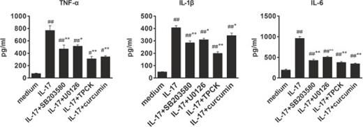 Fig. 6. The effects of signaling inhibitors on IL-17A-induced cytokines production in RAW264.7 cells. Cells were pretreated with inhibitors of signaling pathways including p38 (SB203580), ERK1/2 (U0126), NF-κB (TPCK) or AP-1 (curcumin) and then stimulated with IL-17A (100ng/ml). 24h later, the supernatants were collected and the cytokines production of TNF-α, IL-1β and IL-6 were measured by ELISA. #p<0.05 and # #p<0.01vs. medium; *p<0.05 and **p<0.01 vs. IL-17A.