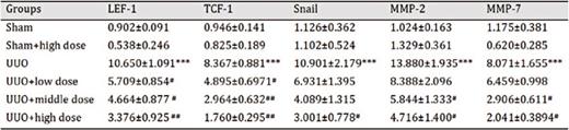 Nuclear mRNA levels. ***P < 0.001; compared with the sham group; # P<0.05; ## P<0.01; ### P<0.001, compared with UUO group