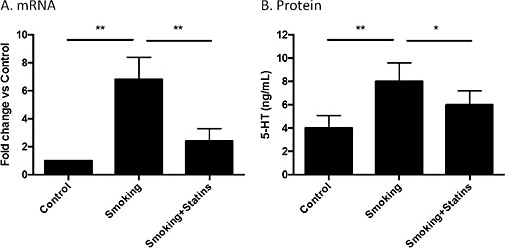 Fig. 5. Expression of 5-HTT mRNA in the lung and 5-HT protein level in blood. (Panel A) Expression of 5-HTT mRNA in the lung. Total RNA was extracted and real time RT-PCR was performed as described in the methods. Vertical axis: 5-HT mRNA expressed as fold change vs control; horizontal axis: treatment group. Data presented was an average of 3 biological replicates. **p < 0.01. (Panel B) Level of 5-HT in rat plasma. Protein level of 5-HT in rat plasma was quantified using an ELISA as described in the method. Vertical axis: 5-HT protein (ng/mL); horizontal axis: treatment group. Data presented was an average of 10 biological replicates. **p < 0.01; *p < 0.05.