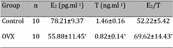 Serum oestradiol and testosterone levels in the control and OVX groups (x̄±s). Control: mice treated with partial bilateral fat pad removal near the ovary; OVX: ovariectomized, mice treated with bilateral ovary resection; *P<0.005.