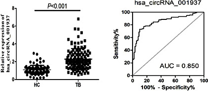 Fig. 6. The expression levels of hsa_circRNA_001937 in TB patients and controls. Control group, n = 90; TB group, n = 115. ROC curve analyses of hsa_circRNA_001937 in TB patients and controls.