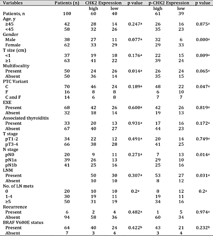 Relationship between CHK2 expression and the clinicopathological features of PTC patients. T: primary tumor; N: lymph node; LN mets: metastatic lymph nodes; EXE: extrathyroidal extension; C: classical PTC; F: Follicular variant of PTC; LNM: lymph node metastasis; a: Pearson chi-squared test; b: Fisher’s exact test