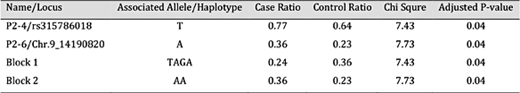 Significantly associated alleles and haplotypes with white earlobe color in the proximal 5` flanking region of TP63. Case group is the white earlobes, and control group is the red earlobes. P-value is adjusted by permutation test (test times=100,000)