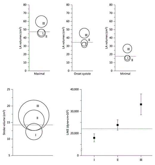 LA volumes, active stroke volume and work as determined by LA kinetic energy (LAKE) in relation to LV mass. LV mass was within 1 standard deviation (SD) above the normal mean in group I, 1-2 SD above the normal mean in group II and >2 SD above the normal mean in group III (modified from [72]).