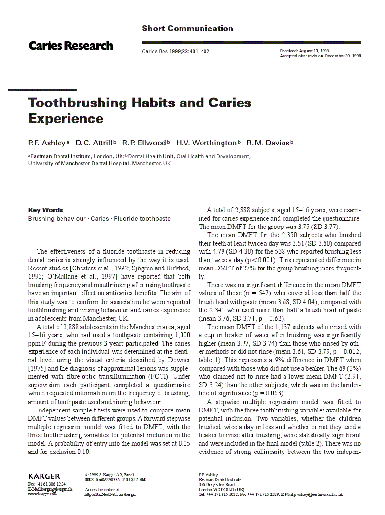 First page of Toothbrushing Habits and Caries Experience