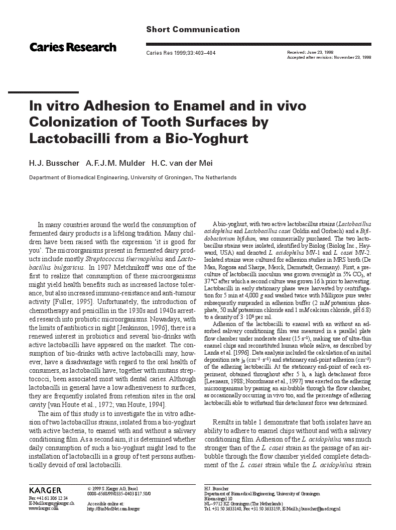 First page of In vitro Adhesion to Enamel and in vivo Colonization of Tooth Surfaces by Lactobacilli from a Bio–Yoghurt