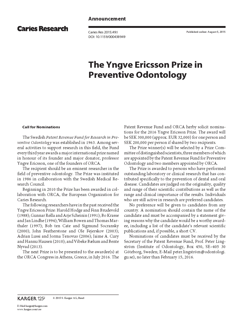 First page of The Yngve Ericsson Prize in Preventive Odontology